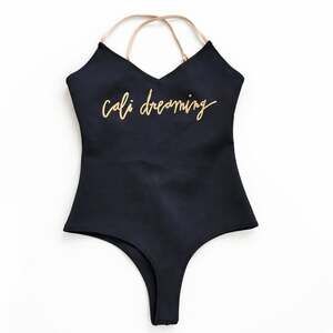 Cali Dreaming Black V-Neck One Piece Swimsuit Gold Script Logo